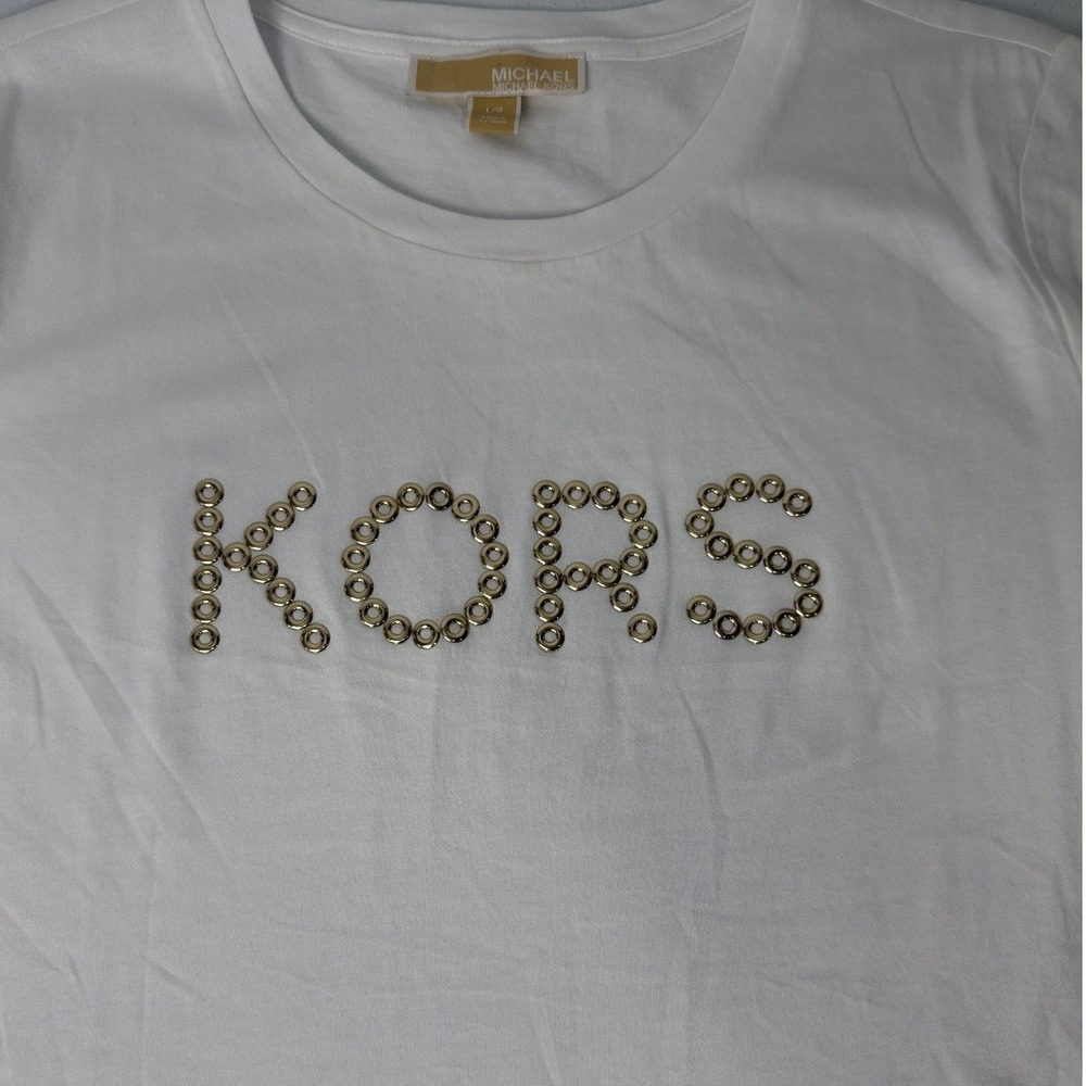 Michael Kors Womens White Studded Grommet KORS Logo T-Shirt Short Sleeve Size L - Picture 4 of 7